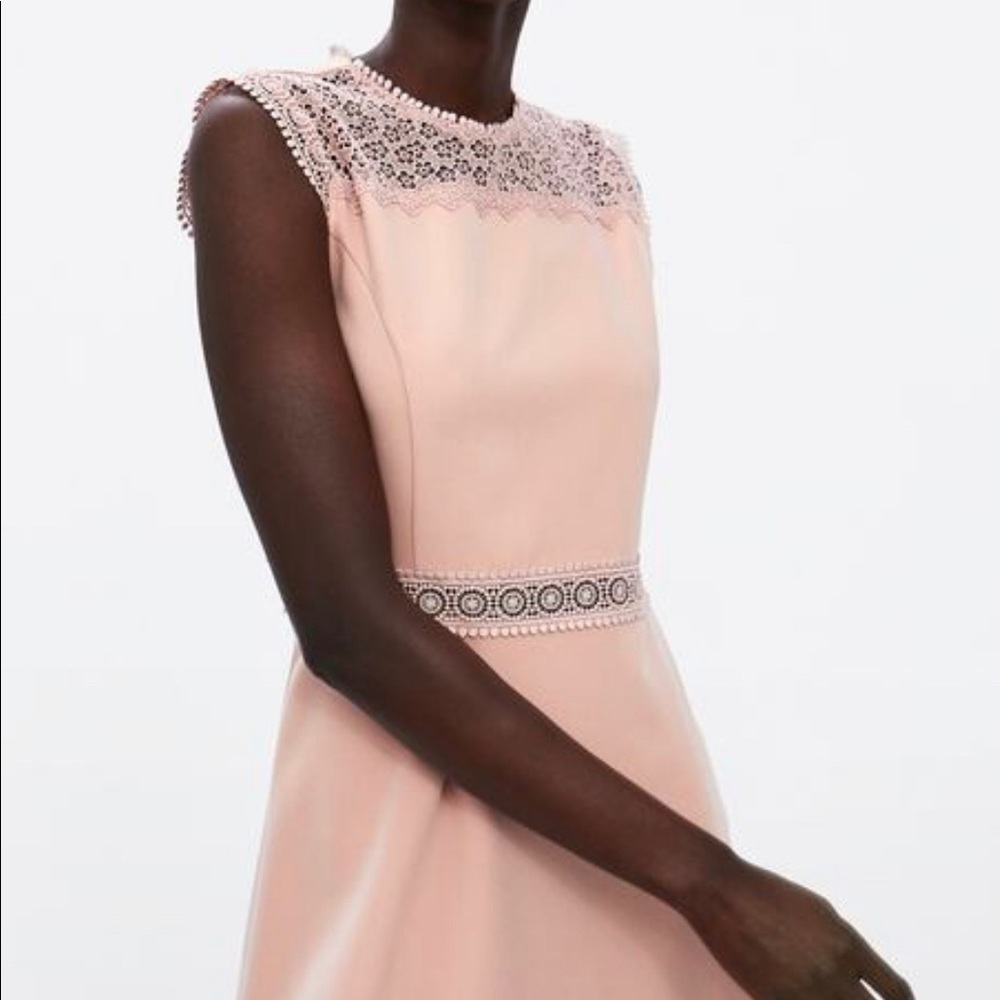 Zara Dress Women's Size Large Pink Polyester Contrast Lace Sleeveless Crew Neck